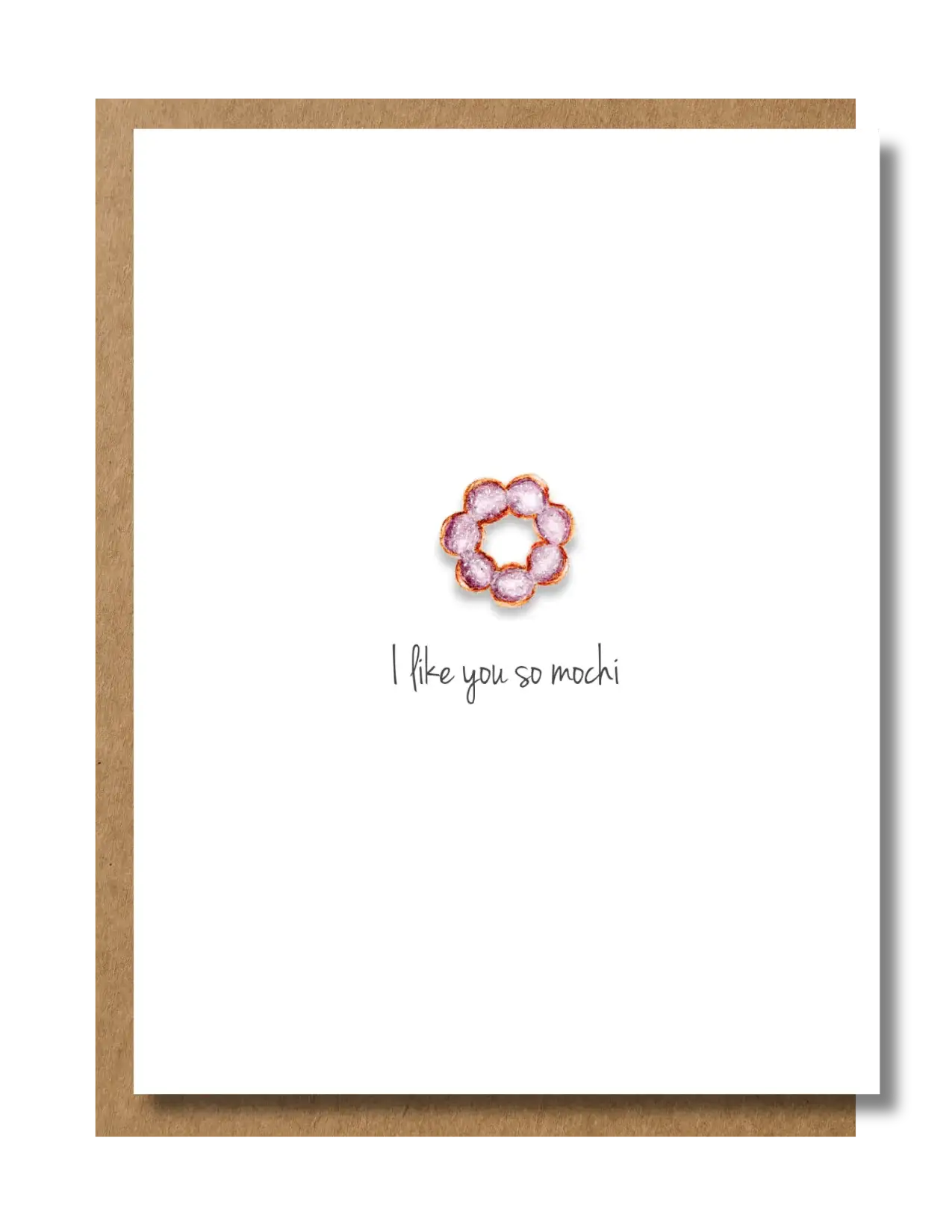Handcrafted greeting card with mochi flower illustration and 'I like you so mochi' text