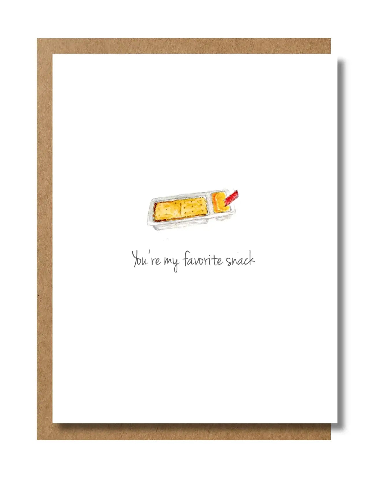 Handcrafted greeting card with cheese and crackers illustration, text 'You're my favorite snack'