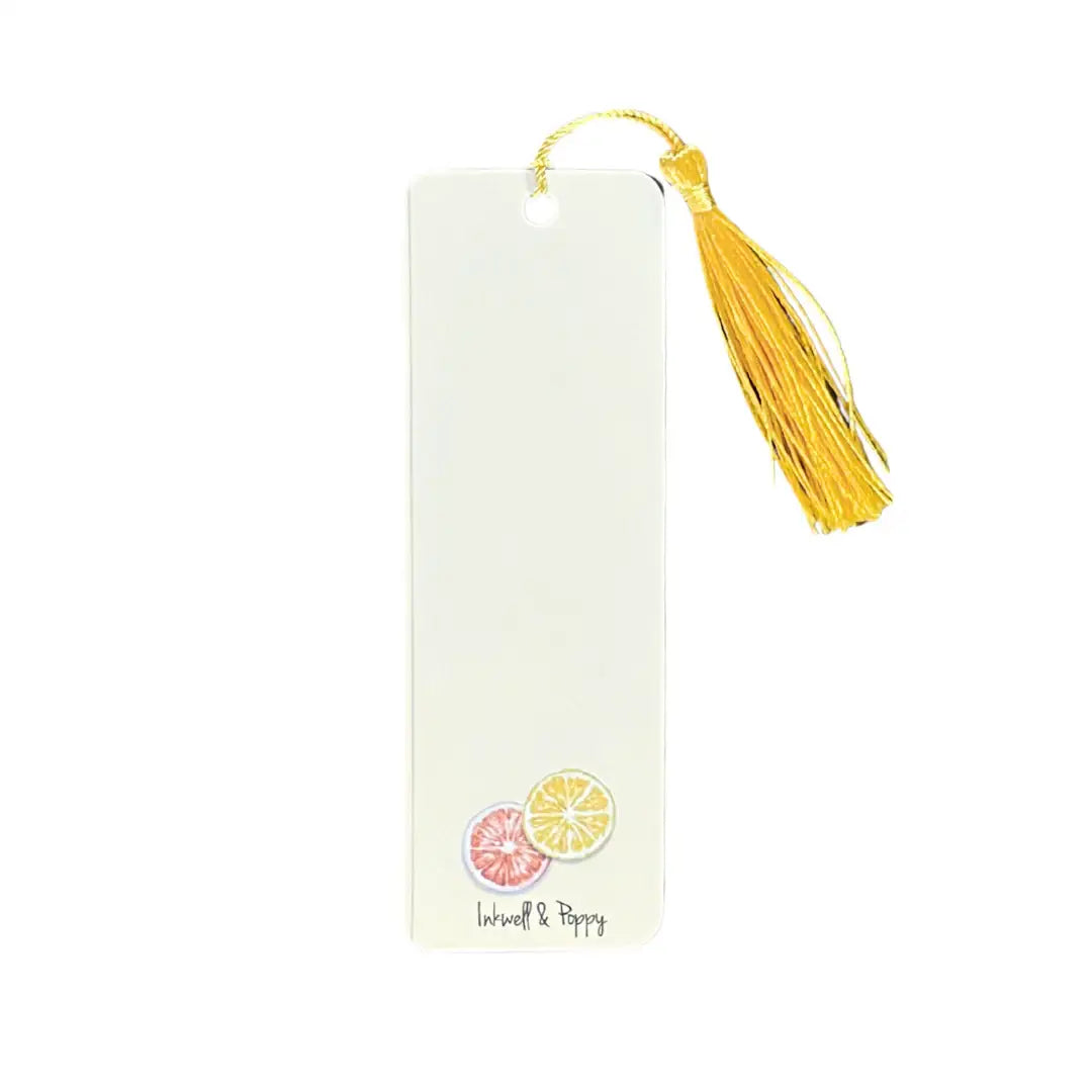 Handcrafted bookmark with citrus fruit art and yellow tassel, minimalist stationery