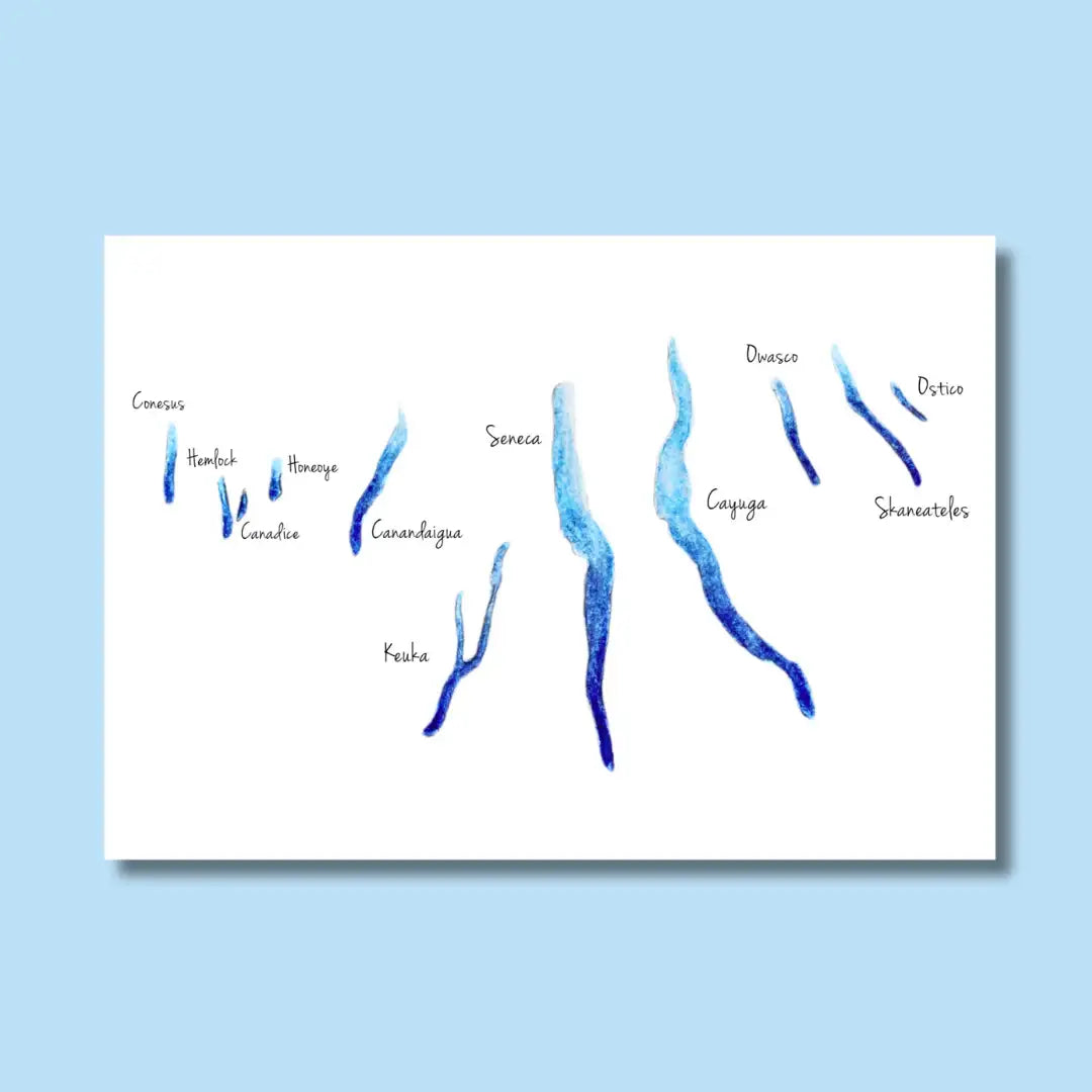 Handcrafted card with watercolor map illustration of Finger Lakes in blue on white background