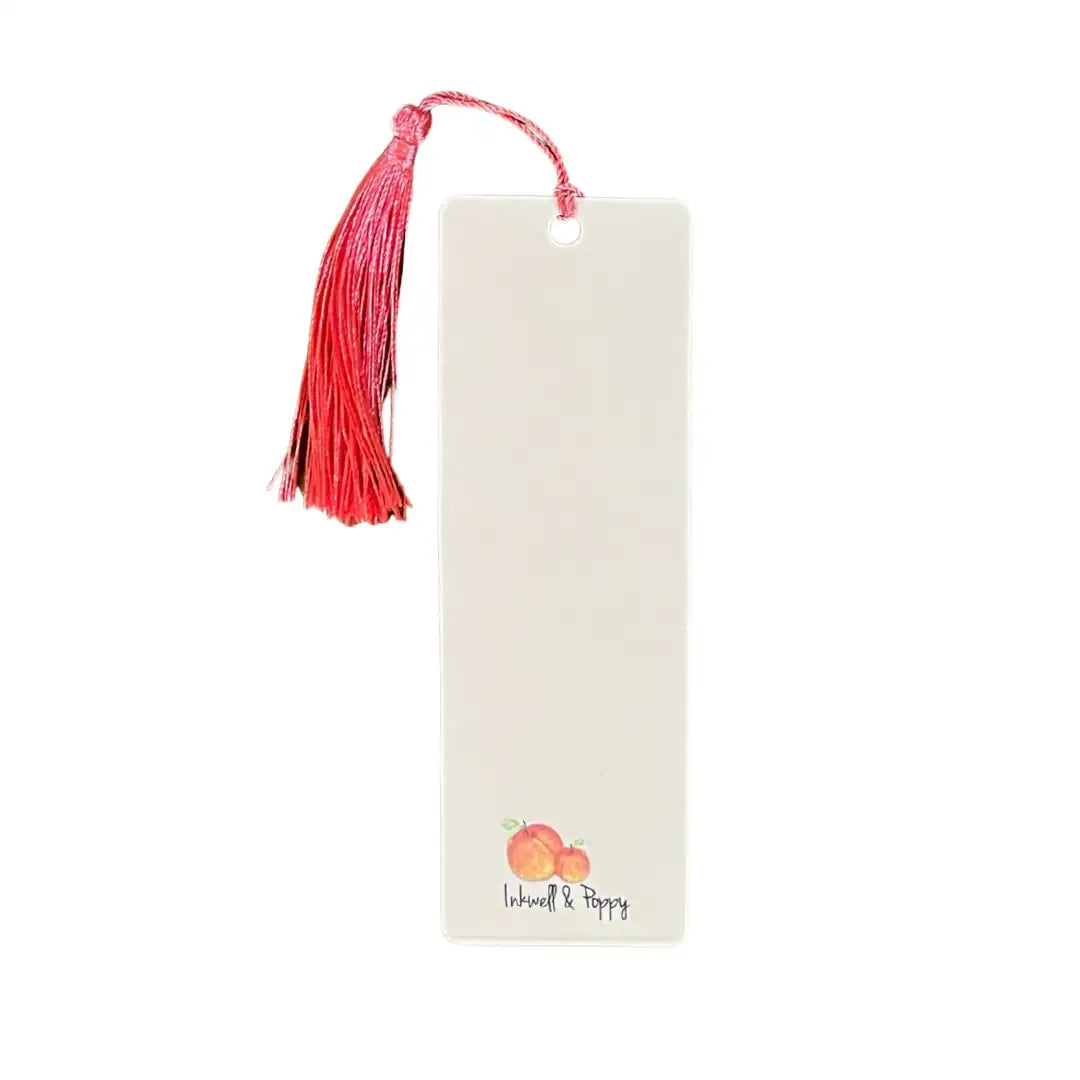 White bookmark with red tassel and hand-painted peach artwork