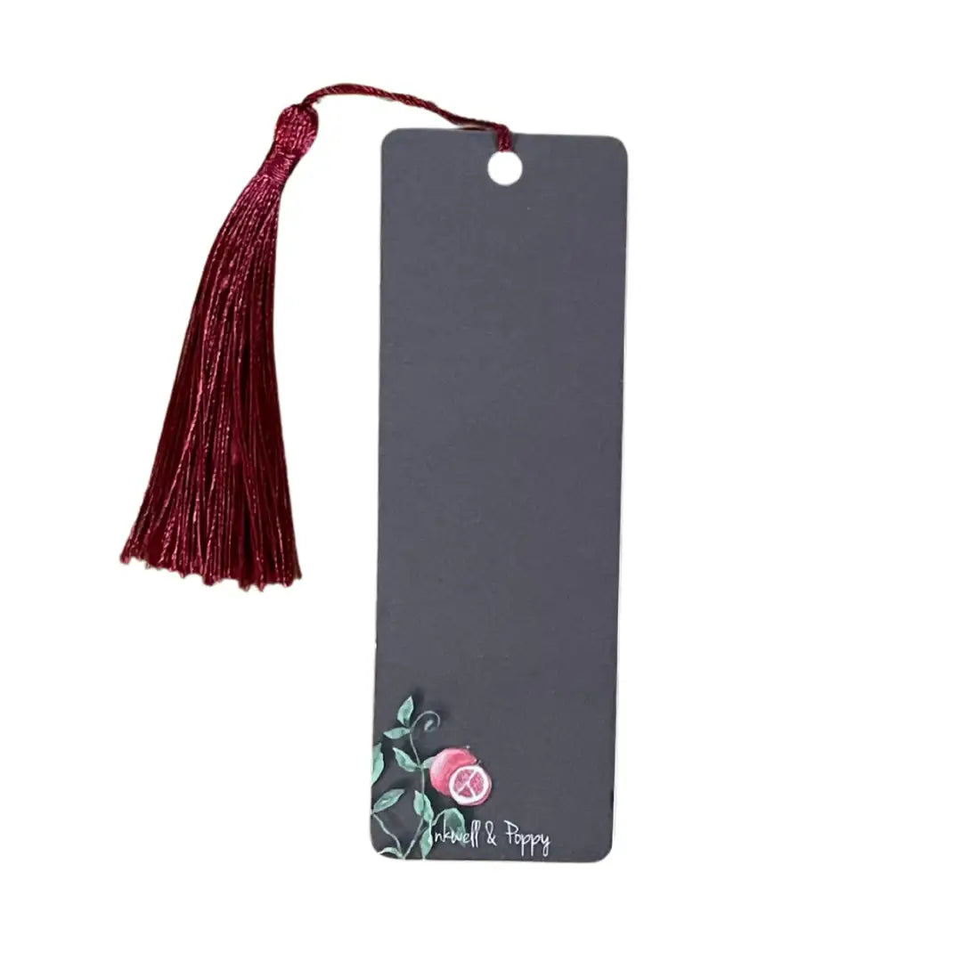 Handcrafted black bookmark with burgundy tassel and painted pink rose illustration