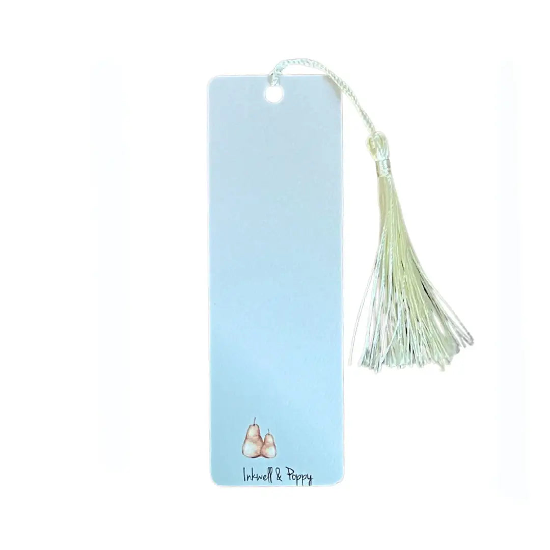 Handcrafted bookmark with tassel, minimal pear artwork, and blank pastel background