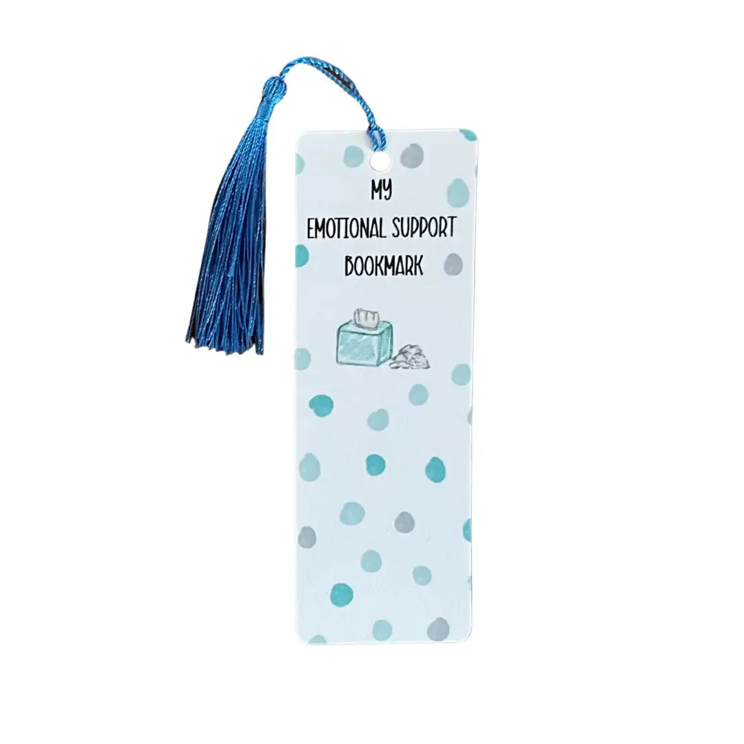 Bookmark with blue tassel, polka dots, tissue box illustration, and 'My Emotional Support Bookmark' text
