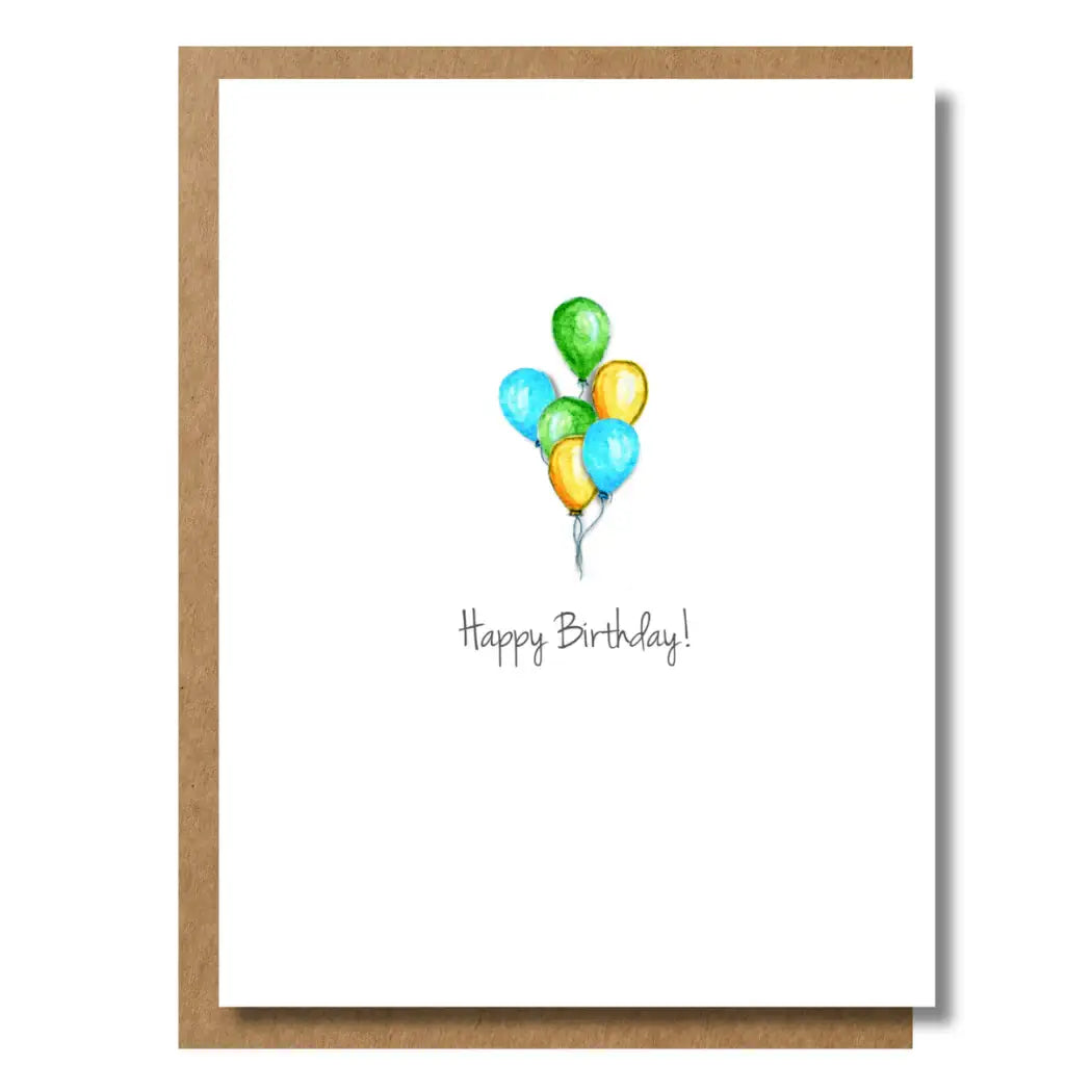 Handcrafted birthday card with colorful balloon illustration and 'Happy Birthday!' text
