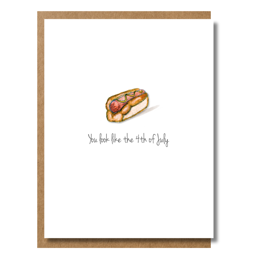 Quirky greeting card with famous quote from Legally Blonde featuring a watercolor hot dog and 4th of July