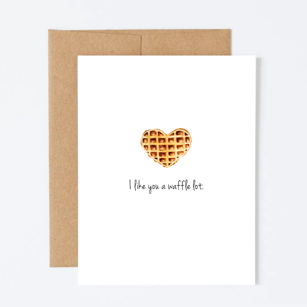 Card with heart-shaped waffle and 'I like you a waffle lot' text on a white background
