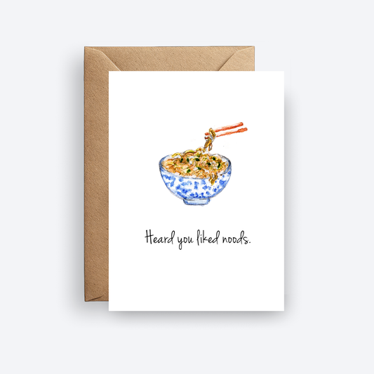 Mini greeting card with image of noodles. "Hear you liked noods'"