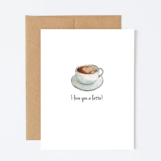 Card with a coffee cup illustration and 'I love you a latte!' text, framed with kraft paper.