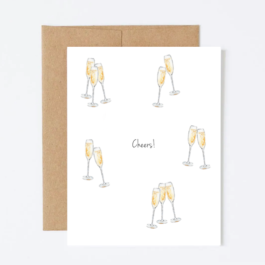 Greeting card with champagne glass illustrations and 'Cheers!' text on a white background.