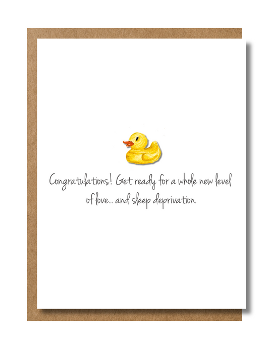 Funny new baby greeting card with a cute watercolor illustration of a yellow rubber duck