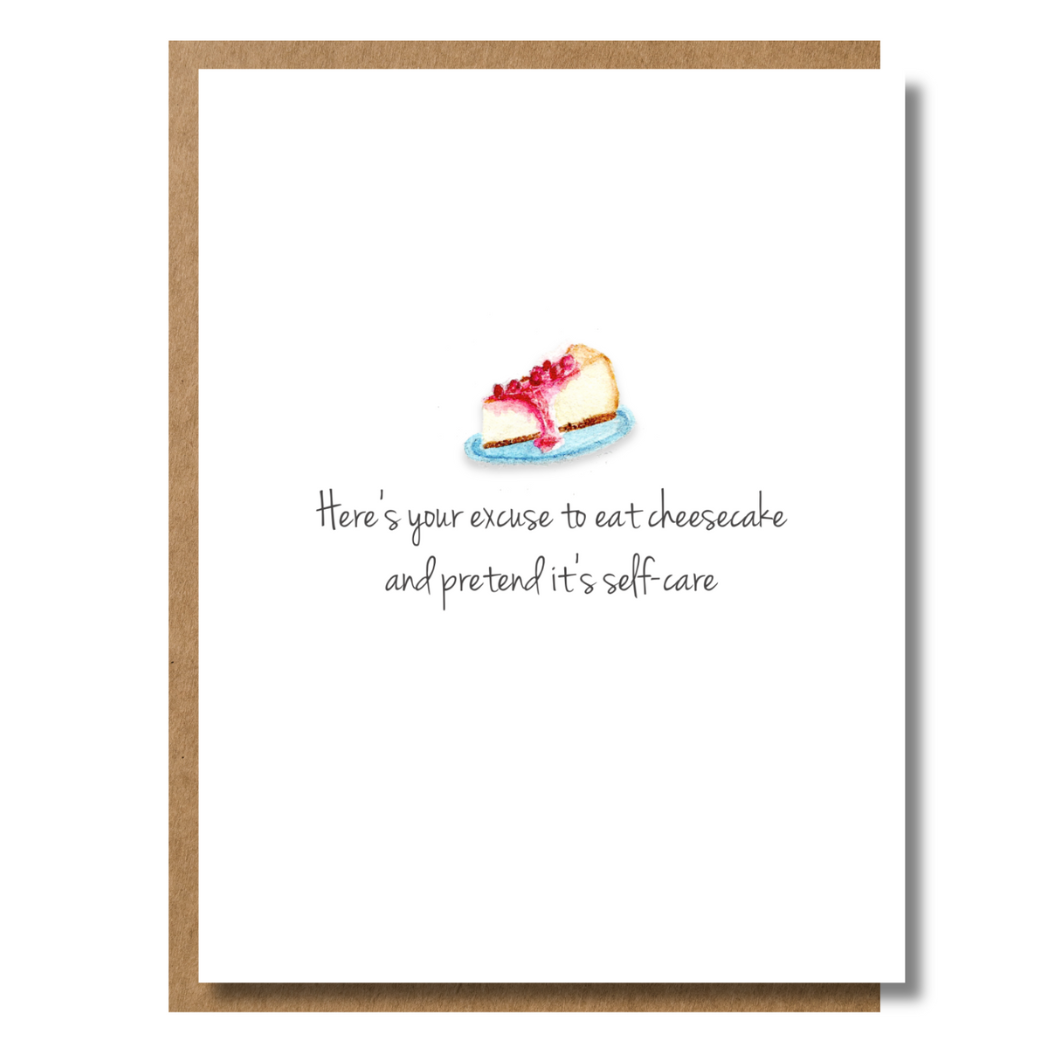 Funny birthday card with a watercolor illustration of cheesecake, food as self-care