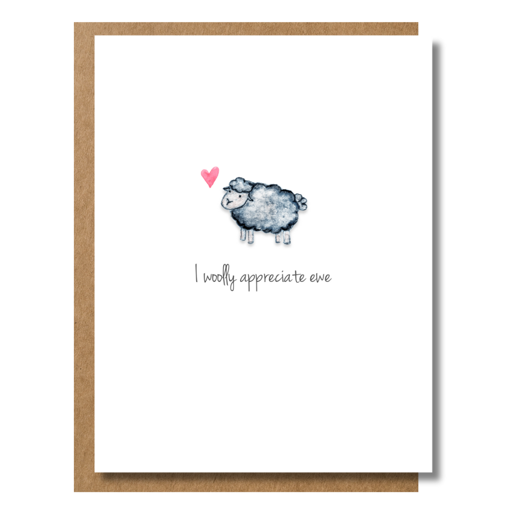 Cute watercolor illustration of a black sheep with a heart on a thank you card