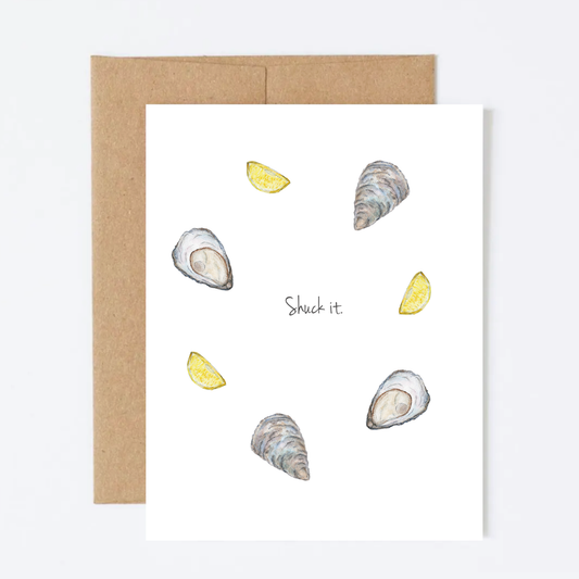 Greeting card with oysters and lemons on a white background