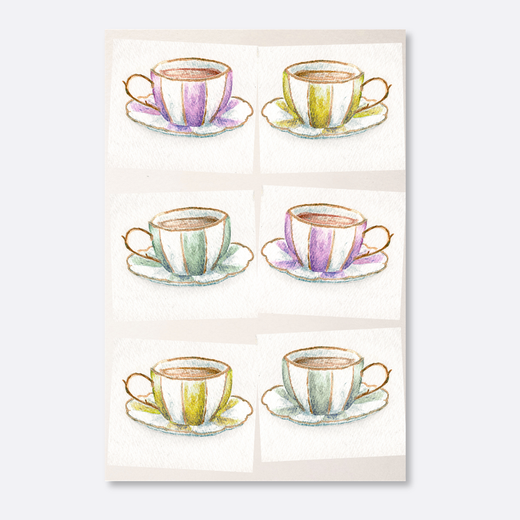 Illustration of six colorful teacups and saucers on a white background