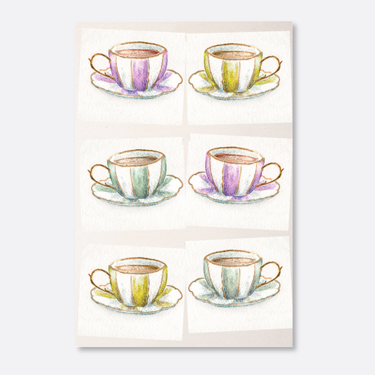 Illustration of six colorful teacups and saucers on a white background