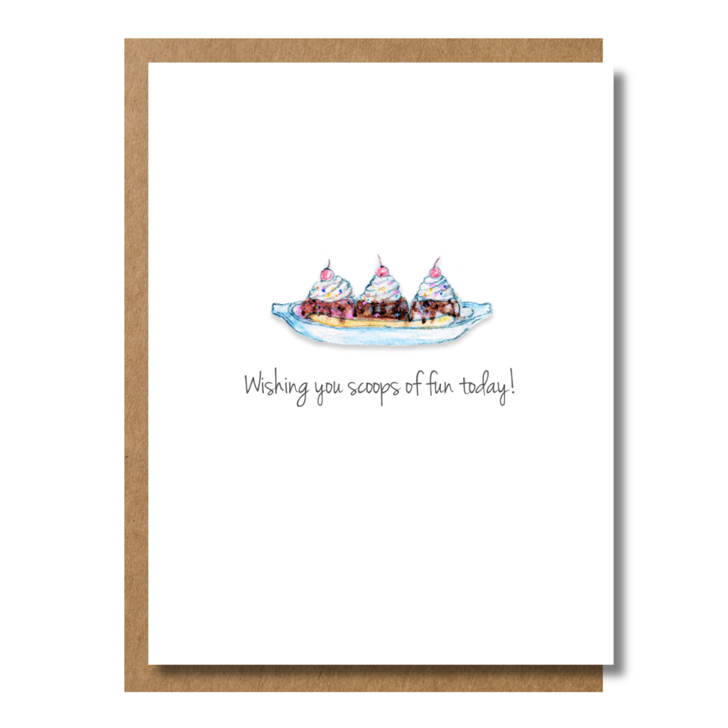 Watercolor illustration of a sundae or banana spilt on whimsical bitthday or congratulations greeting card