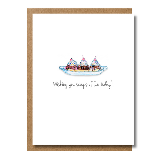 Watercolor illustration of a sundae or banana spilt on whimsical bitthday or congratulations greeting card
