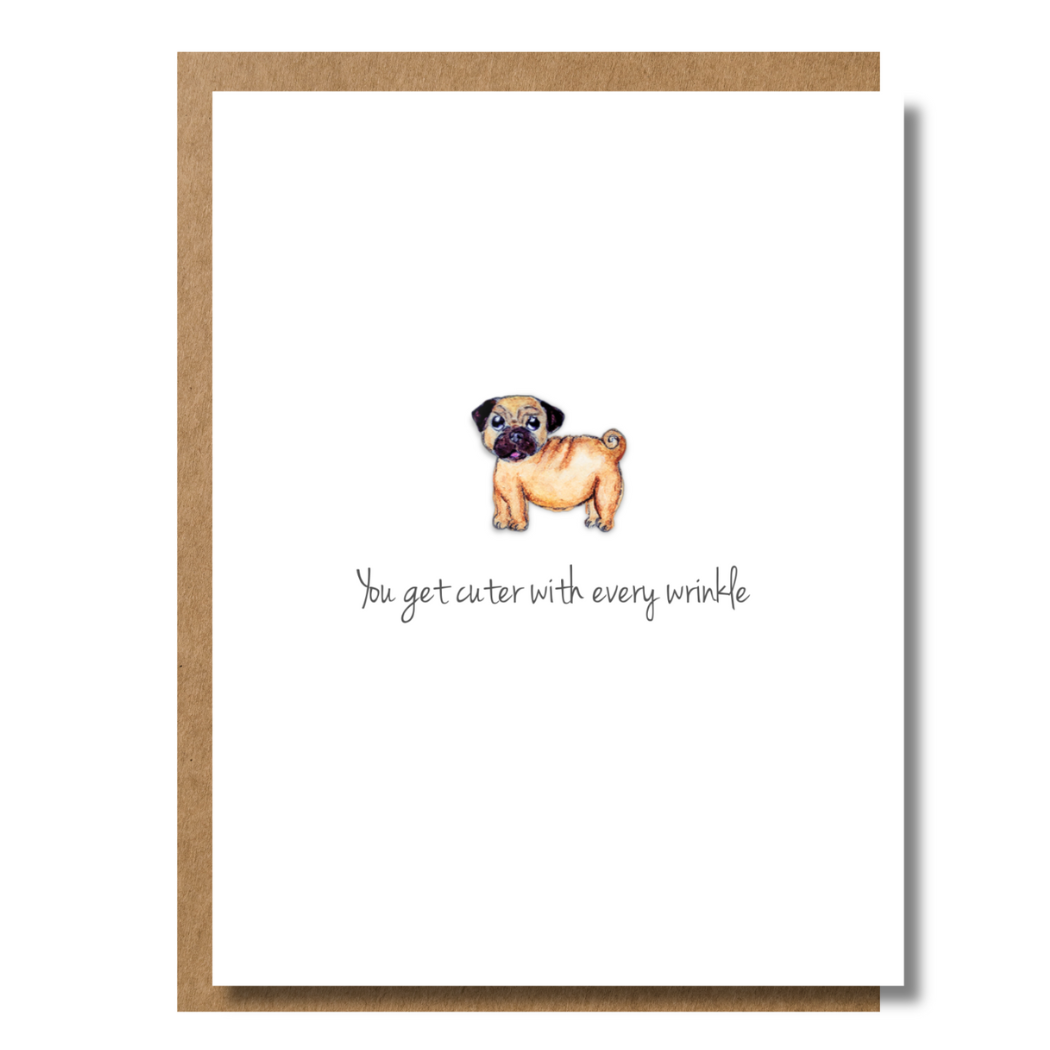 Watercolor illustration of a pug, funny handmade birthday greeting card